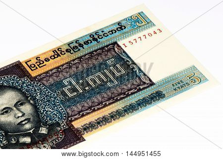 5 kyat bank note of Burma. Kyat is the national currency of Burma