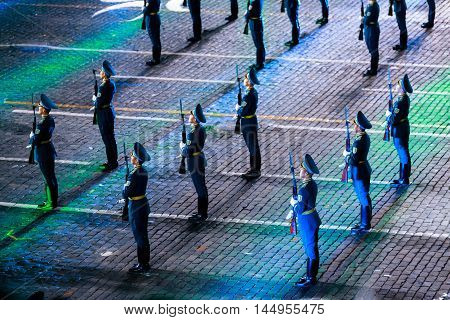 MOSCOW RUSSIA - AUGUST 26 2016: Spasskaya Tower international military music festival. The Honor Guard and the Band of the Presidential Regiment 