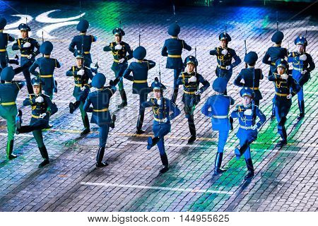 MOSCOW RUSSIA - AUGUST 26 2016: Spasskaya Tower international military music festival. The Honor Guard and the Band of the Presidential Regiment 