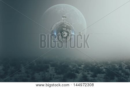 Spacecraft and unexplored planet. Elements furnished by NASA