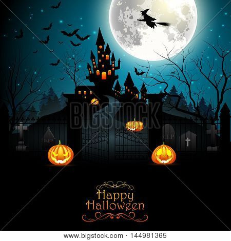 Flying witch with scary graveyard and farmhouse in the woods on the full moon