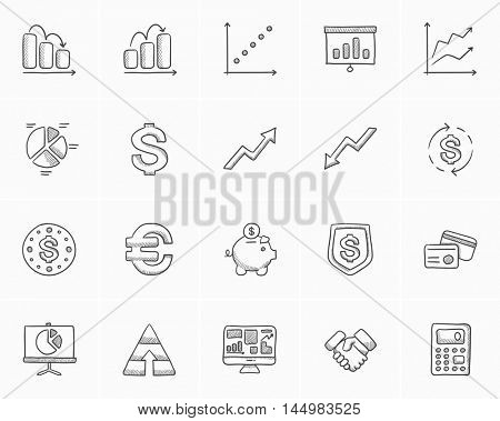 Business sketch icon set for web, mobile and infographics. Hand drawn business icon set. Business vector icon set. Business icon set isolated on white background.