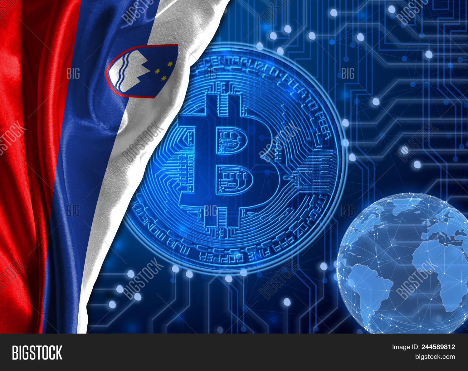 Flag Slovenia Shown Image Photo Free Trial Stock Flag Of Slovenia Is Shown Against The Background Crypto Currency Bitcoin Global World