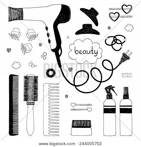 Hand Drawn Set Of Hair Styling. Hair Dryer, Hairbrushes, Sprays And Scrunchy. Salon Beauty Care. Bla