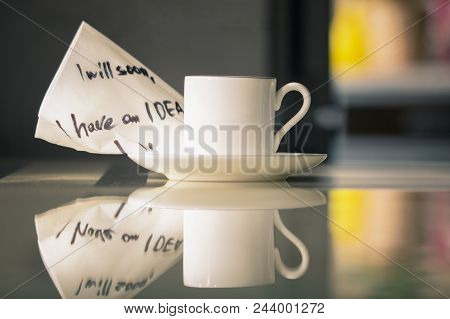 Finding A New Idea And The Morning Cheerfulness Over A Cup Of Coffee. Design Thinking And Creative S