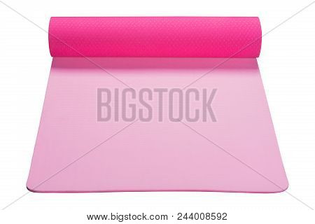 Pink Fitness Mat Or For Yoga, A Roll Is Slightly Unwound, On A White Background