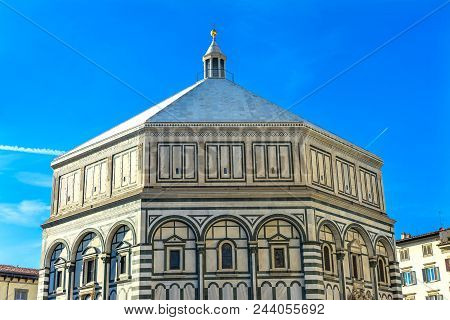 Bapistry Saint John Facade Replicas Ghiberti Bronze Doors Cathedral Church Florence Italy.  Bapistry