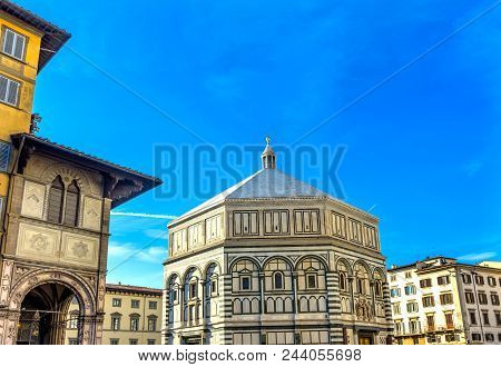 Bapistry Saint John Facade Replicas Ghiberti Bronze Doors Cathedral Church Florence Italy.  Bapistry