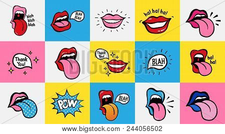 Pop Art Lips Seamless Pattern. Vector Sexy Woman S Lips Expressing Different Emotions Smile Half-ope