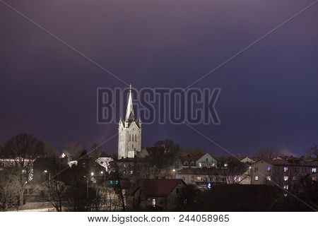 City View At Cesis, Latvia. Big Masonry Church Is In City Cesis, Little Town. Urban Travel Photo. 01