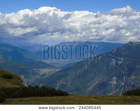 A Beautiful Panoramic View From The Mountains Of Veneto Near The Dolomites In Summer Trip, With Cold