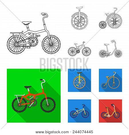 Retro, Unicycle And Other Kinds.different Bicycles Set Collection Icons In Outline, Flat Style Vecto