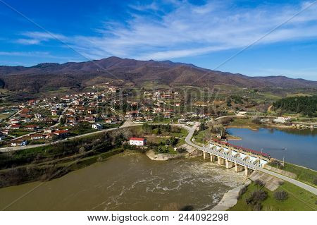 Aerial View Of The Artificial Lake Kerkini And River Strymon With Dam At The North Greece