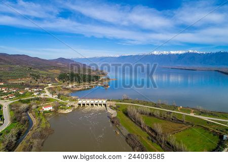 Aerial View Of The Artificial Lake Kerkini And River Strymon With Dam At The North Greece