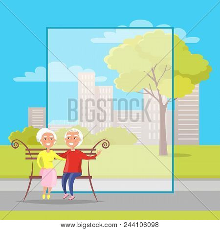 Happy Grandparents Day Poster With Senior Couple Sitting On Bench, Old Husband And Wife Together, Sk