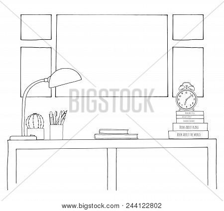 Sketch Of The Interior. A Table, A Bedside Table, A Shelf With Various Interior Items. Can Be Used A