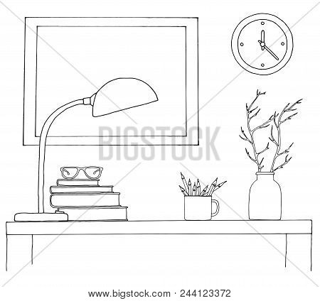 Sketch Of The Interior. A Table, A Bedside Table, A Shelf With Various Interior Items. Can Be Used A