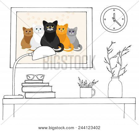 Sketch Of The Interior. A Table, A Bedside Table, A Shelf With Various Interior Items. Can Be Used A