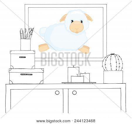 Sketch Of The Interior. A Table, A Bedside Table, A Shelf With Various Interior Items. Can Be Used A