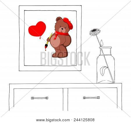 Sketch Of The Interior. A Table, A Bedside Table, A Shelf With Various Interior Items. Can Be Used A