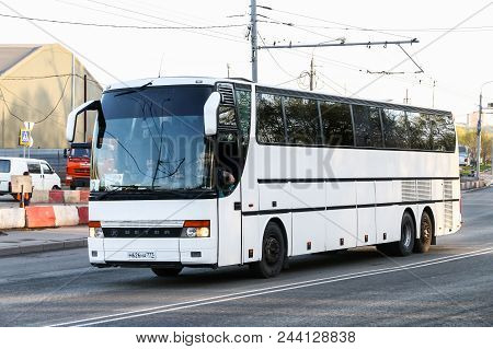 Moscow, Russia - May 3, 2018: White Coach Bus Setra S317hdh In The City Street.