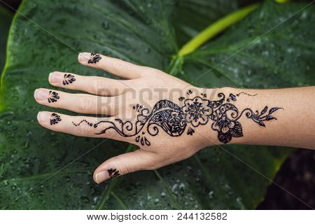 Picture Of Human Hand Decorated With Henna Tattoo. Mehendi Hand.