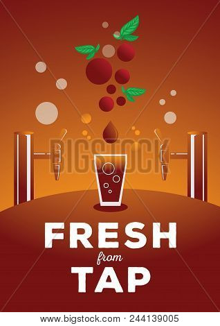 Colorful Fresh From Tap Flat Style Vector Illustration With Nitro Coffee With Glass ,cherry Fruit Co