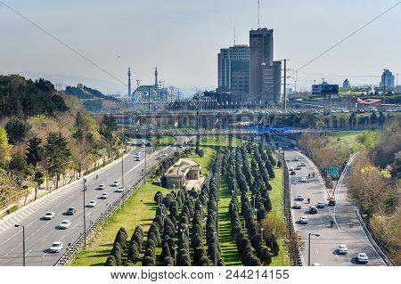 Tehran, Iran - March 19, 2018: View On Modares Highway And Fajr Bridge From Tabiat Bridge. Bridge Co