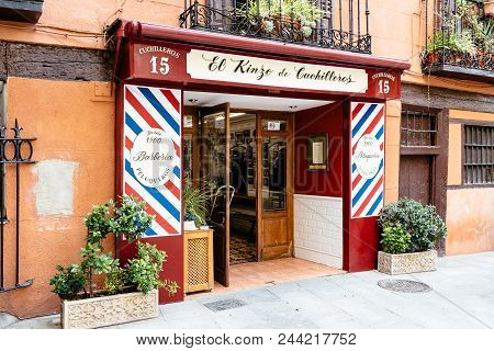 Madrid, Spain - June 2, 2018: Old Barber Shop In Cuchilleros Street In City Centre Of Madrid Near Pl
