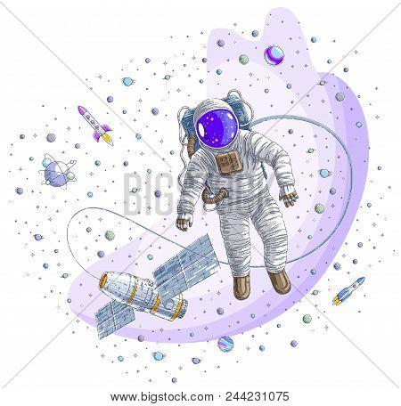Spaceman Flying In Open Space Connected To Space Station, Astronaut Man Or Woman Floating In Cosmos 