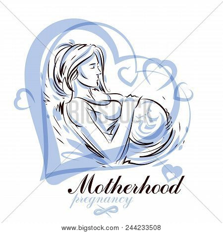 Pregnant Female Beautiful Body Outline, Mother-to-be Drawn Vector Illustration. Prenatal Center And 