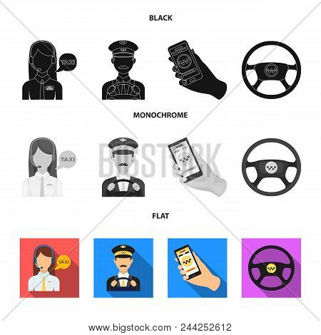 A Taxi Driver With A Microphone, A Taxi Driver At The Wheel, A Cell Phone With A Number, A Car Steer