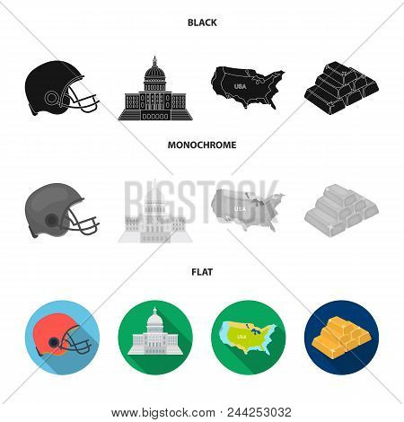 Football Player Helmet, Capitol, Territory Map, Gold And Foreign Exchange. Usa Country Set Collectio