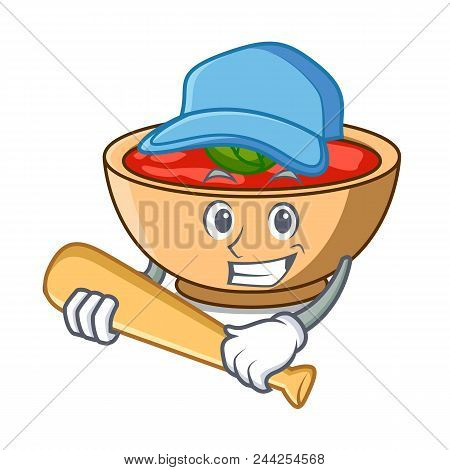 Playing Baseball Tomato Soup Character Cartoon Vector Illustration