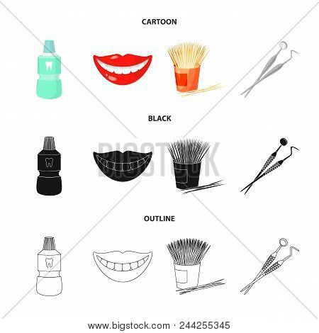 Dental Sterile Liquid In The Jar, Lips, Teeth, Toothpicks In The Jar, Medical Instruments For The De