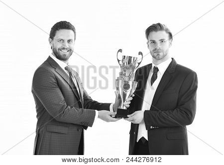 Business Victory, Support, Partership Concept. Businessman With Confedent Face Receives Prize. Award