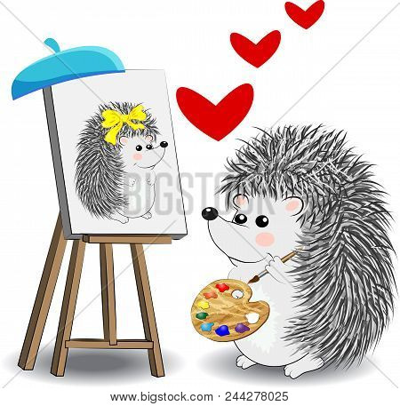 Set Of Design Elements With Hedgehog Profession Artist And Painter Tools For Creative Design And Dra
