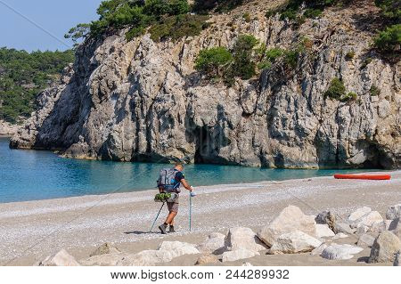 Hiking In Famous Lycian Way In The Turkey. Backpacker In The Trail.