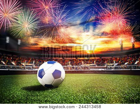 Fireworks Over Soccer Football Stadium As World Cub Championship Final Game Win Concept Background, 