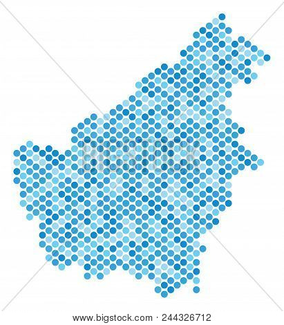 Blue Pixelated Borneo Island Map. Vector Geographic Map In Cold Blue Color Shades On A White Backgro