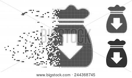 Dispersed Profit Bag Pixel Icon With Disintegration Effect. Halftone Dotted And Undamaged Solid Gray