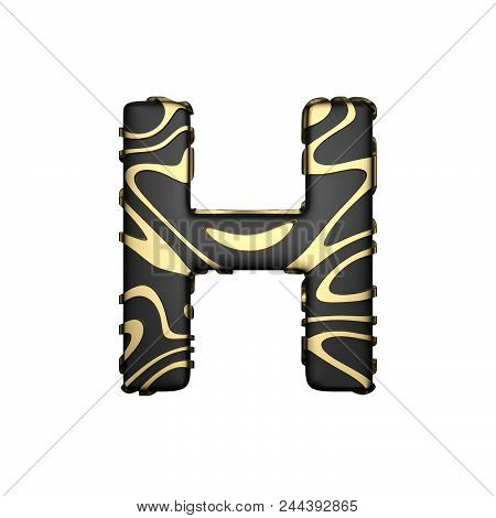 Alphabet Letter H Uppercase. Black Carbonic Font With Yellow Golden Stains. 3d Render Isolated On Wh