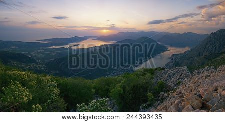Beautiful Mediterranean Landscape. Sunset. Montenegro, Panoramic View Of Gulf Of Kotor (adriatic Sea