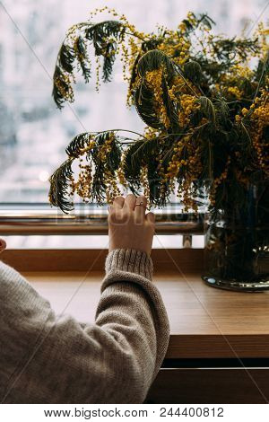 Girl Touches Flowering Branch With Hand. Spring Bloom Of Sensuality. Touch The Delicacy Of Nature. T
