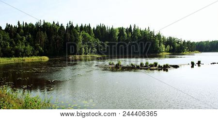 Sunny Day At Ladoga Lake. Nature Of Russian North. Nature Of Valaam Island. Toned Photo. Aged Pictur