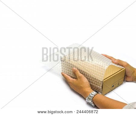 Man Hands Bubble Wrap, Product Protection Covering Insurance, Anti-fracture Damaged During Shipping.