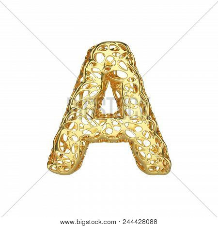 Alphabet Letter A Uppercase. Gold Font Made Of Yellow Cellular Framework. 3d Render Isolated On Whit