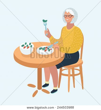 Vector Cartoon Illustration Of Elderly Women Who Eat At The Table Alone. Human Characters On White B