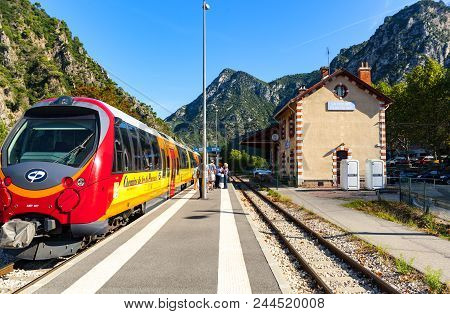 Nice, France - September 3, 2014: Train Des Pignes Is Ready To Depart From The Train Station In Fren
