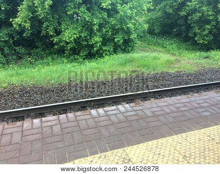 Colorful Photo Of The Railway Among The Forest Belt On A Clear Sunny Day. Railroad Tracks, Pedestria